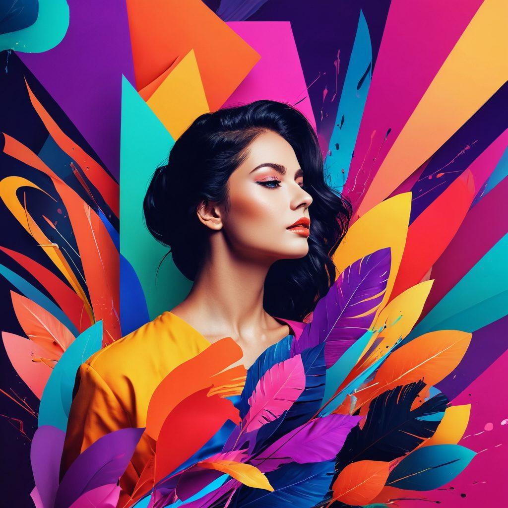 A collage of vibrant PNG images representing sensual art, beautifully blended with dynamic multimedia graphics like abstract shapes, aesthetics of playful flirtation, and subtle nods to artistic expression. Utilize soft, inviting colors to evoke creativity while maintaining a classy and tasteful ambiance. Include elements like a computer screen displaying graphic software, artistic tools like brushes and tablets, and colorful light patterns. The overall composition should be captivating and intriguing, inviting viewers to explore. super-realistic. vibrant colors. abstract style.