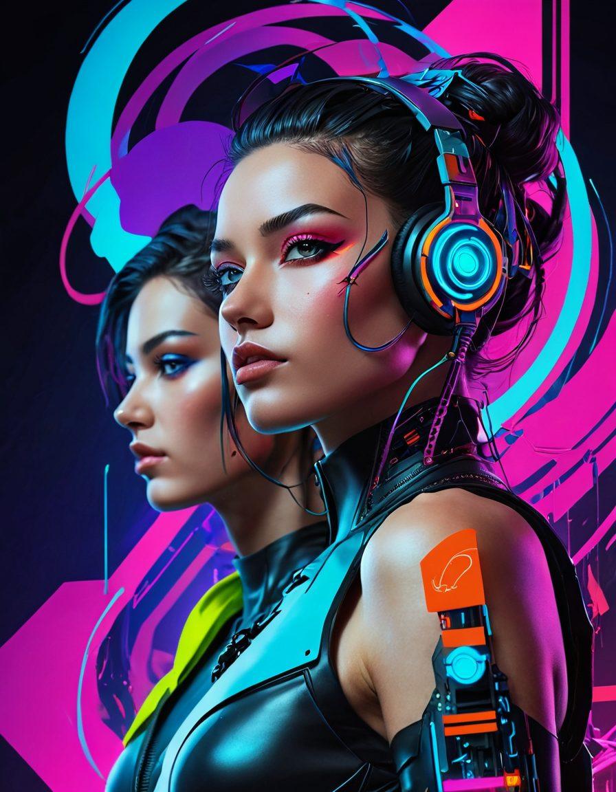 A surreal digital landscape filled with vibrant graphic art elements, intertwining multimedia motifs of sexuality and creativity—think playful neon colors with abstract shapes. Include elements like stylized visuals of diverse human figures interacting with screens and technology in an artistic manner. Incorporate a seamless blend of fantasy and realism, with a focus on expressive faces and dynamic movements. cyberpunk. vibrant colors. super-realistic.